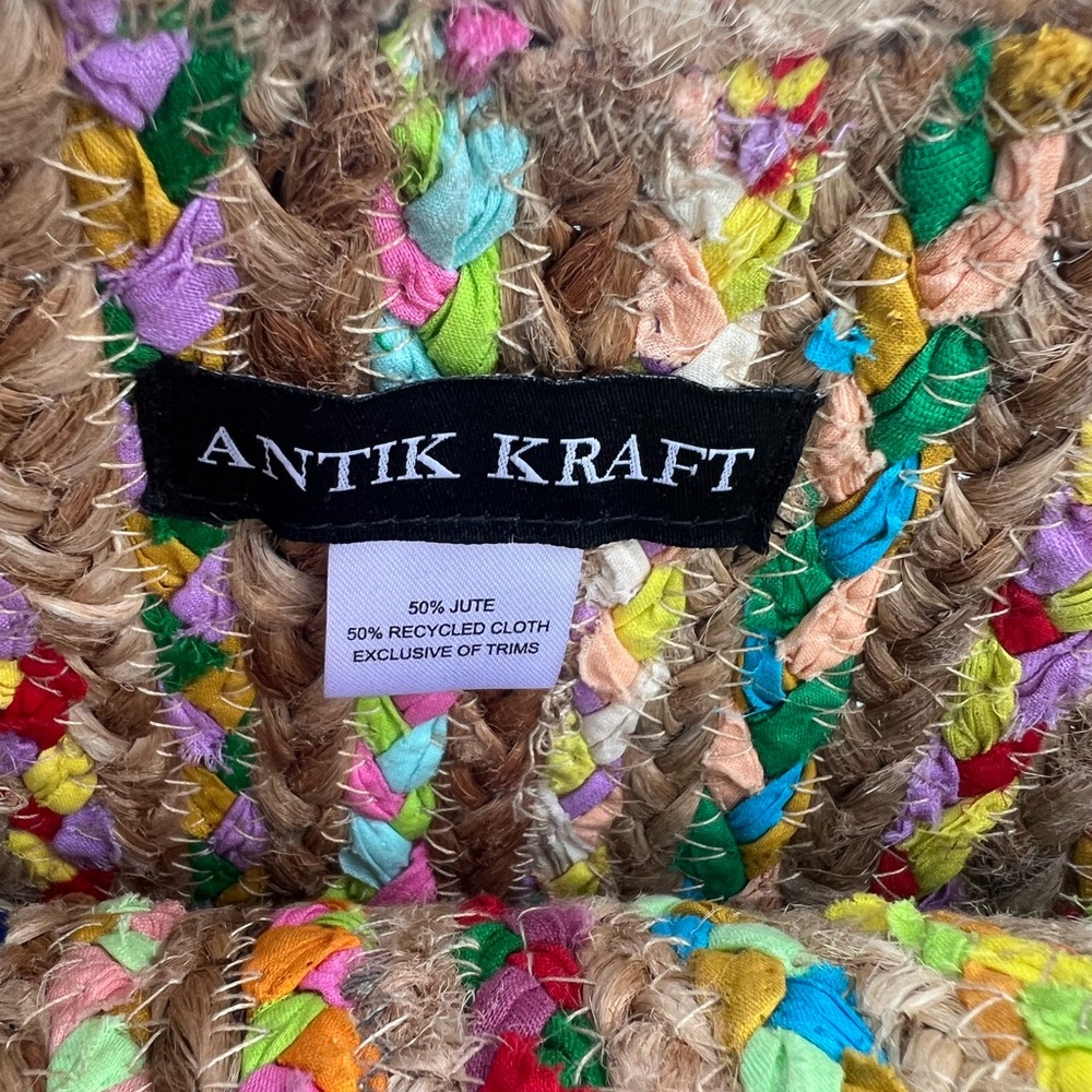 Antik Kraft Ruhi Tote Round Jute/Multicolor Recycled Cloth Bag w Top Handle - Picture 5 of 5